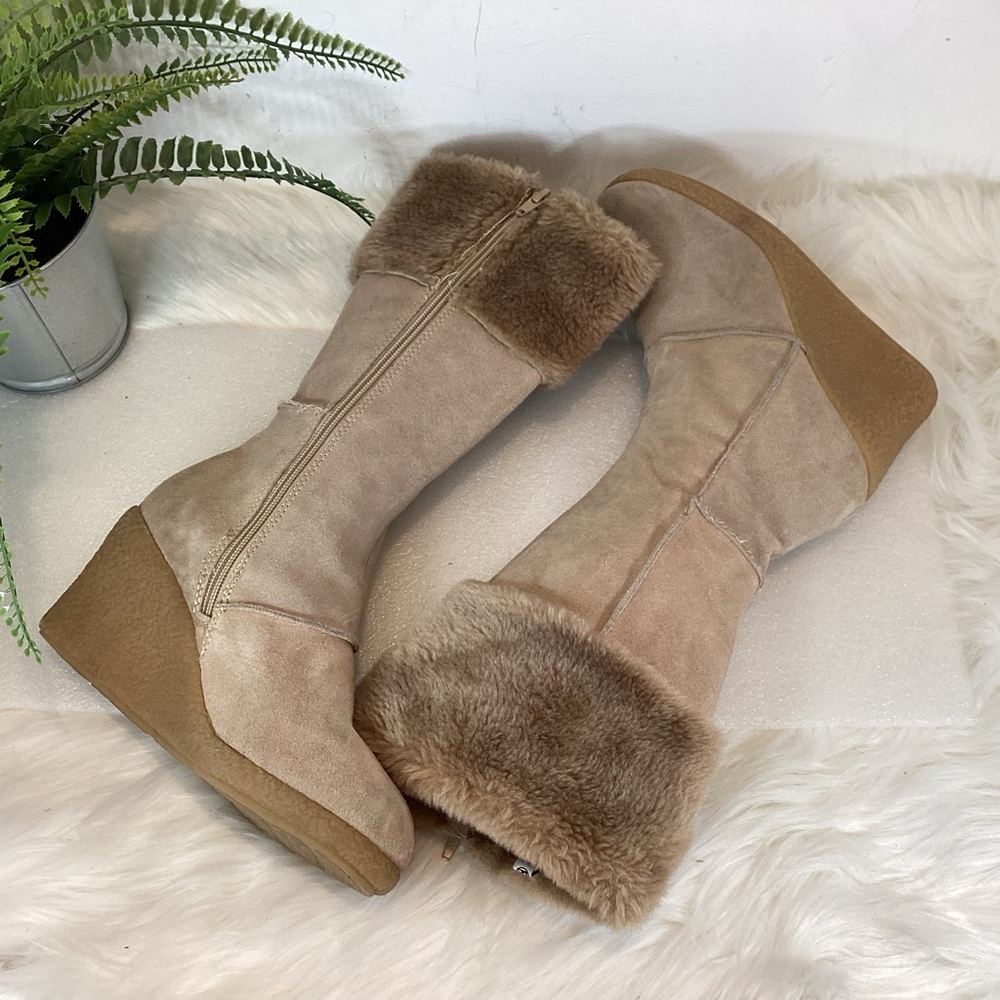ON YOUR FEET LEATHER PATCHWORK WEDGE HEEL MID CALF BOOTS SZ 6